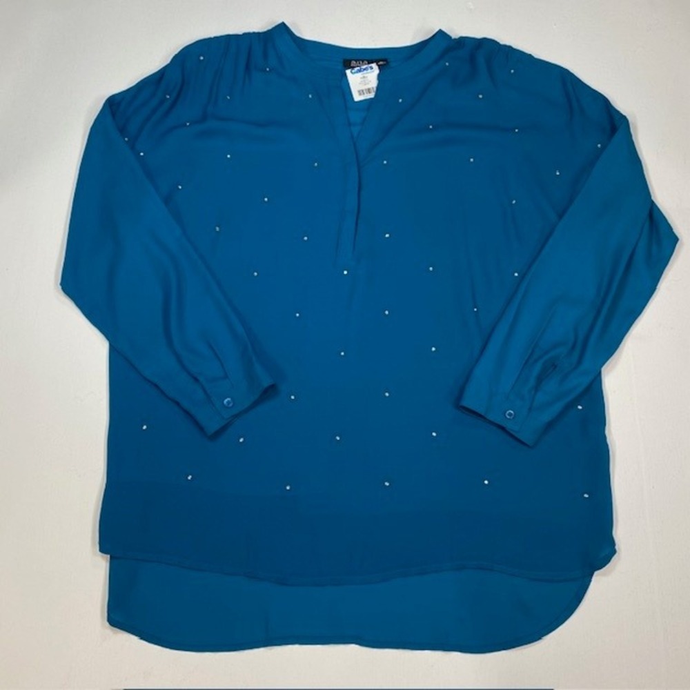 ANA A New Approach Teal Blue Studded Split Neck Blouse XL High Low Long Sleeve